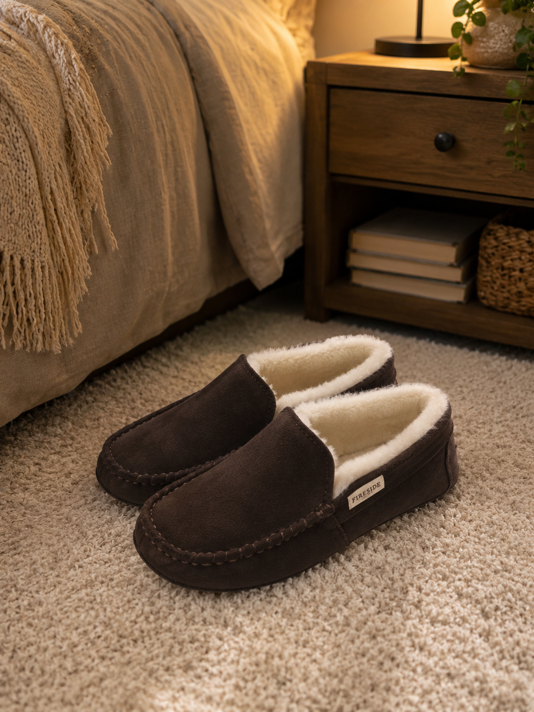 FIRESIDE DEARFOAMS Mens Melbourne Moc Slippers Brown Suede Shearing