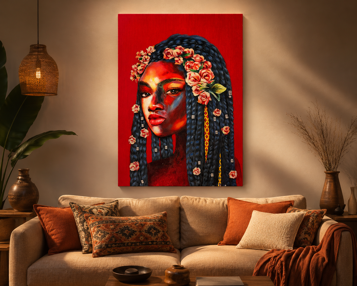 Beautiful painting of woman with brown and red skin tones, long braids with flower crown.